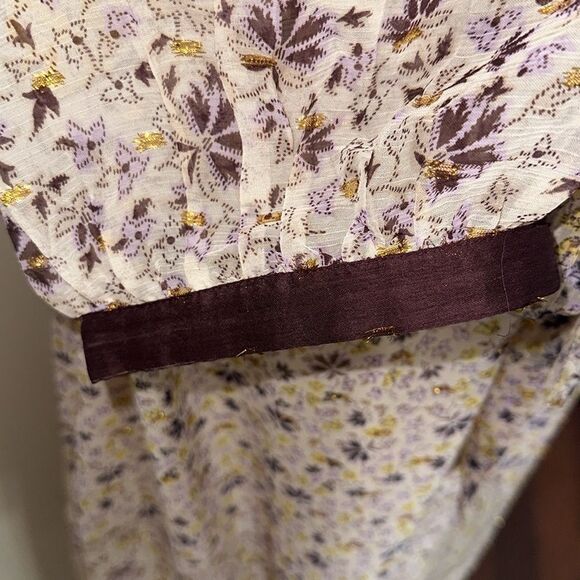 Ann Taylor XL Beige Plum Gold Lurex Paisley Floral Border Balloon Sleeve Dress - Picture 15 of 16